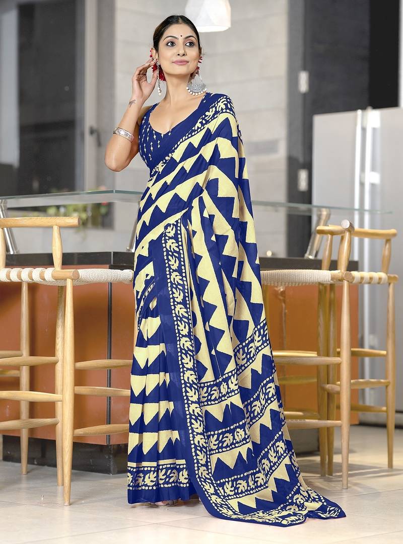 Blue zigzag, block print mulmul cotton saree with blouse.