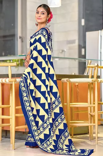 Blue zigzag, block print mulmul cotton saree with blouse.