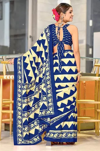 Blue zigzag, block print mulmul cotton saree with blouse.
