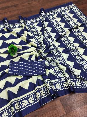 Blue zigzag, block print mulmul cotton saree with blouse. 5