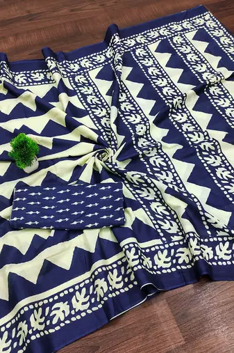 Blue zigzag, block print mulmul cotton saree with blouse.