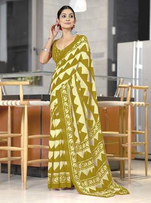 Mehendi zigzag, block print mulmul cotton saree with blouse. 1