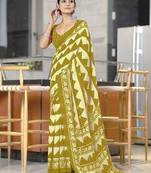 Mehendi zigzag, block print mulmul cotton saree with blouse.