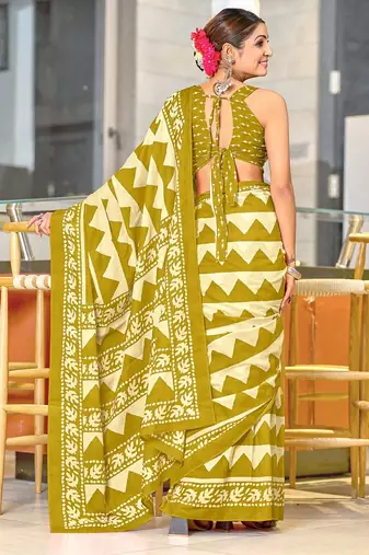 Mehendi zigzag, block print mulmul cotton saree with blouse.