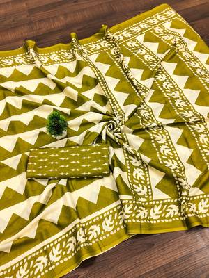 Mehendi zigzag, block print mulmul cotton saree with blouse. 5