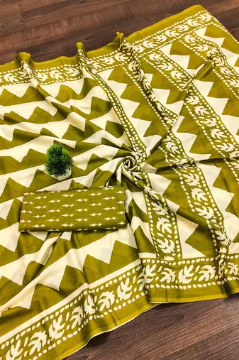 Mehendi zigzag, block print mulmul cotton saree with blouse.