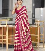 Pink zigzag, block print mulmul cotton saree with blouse.
