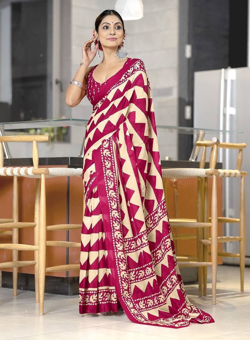 Pink zigzag, block print mulmul cotton saree with blouse.