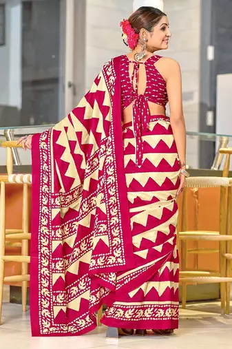 Pink zigzag, block print mulmul cotton saree with blouse.