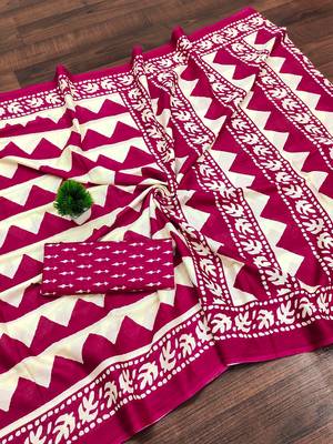 Pink zigzag, block print mulmul cotton saree with blouse. 5