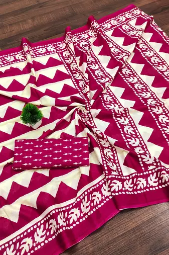 Pink zigzag, block print mulmul cotton saree with blouse.