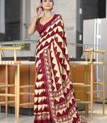 Red zigzag, block print mulmul cotton saree with blouse.