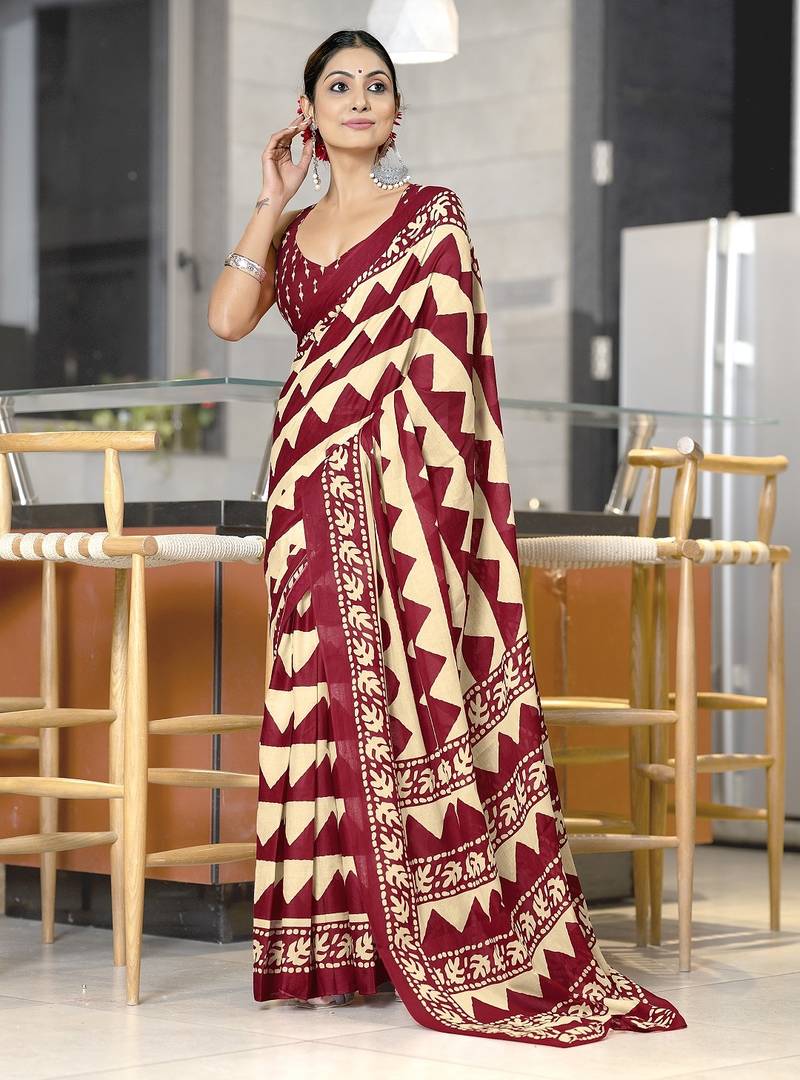 Red zigzag, block print mulmul cotton saree with blouse.