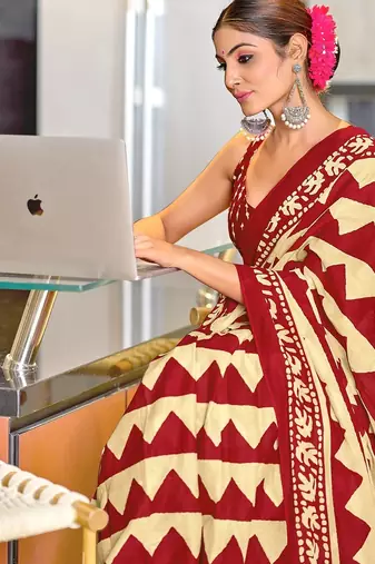 Red zigzag, block print mulmul cotton saree with blouse.