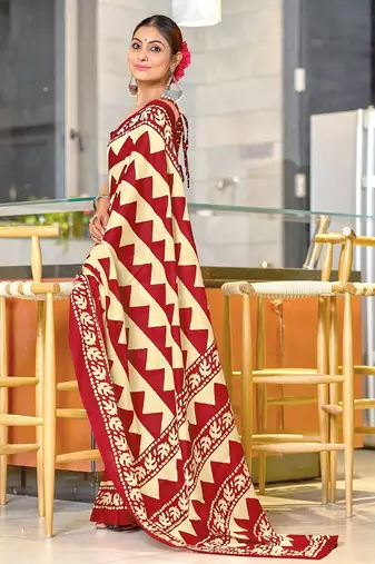 Red zigzag, block print mulmul cotton saree with blouse.