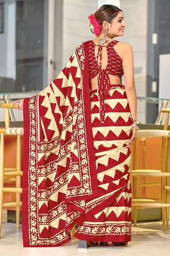 Red zigzag, block print mulmul cotton saree with blouse.