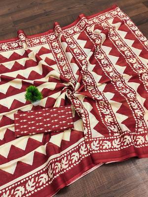 Red zigzag, block print mulmul cotton saree with blouse. 5