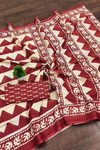 Red zigzag, block print mulmul cotton saree with blouse.