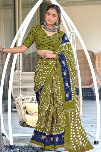 Mehendi ikkat print mulmul cotton saree with blouse.