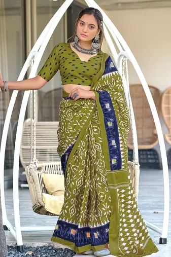 Mehendi ikkat print mulmul cotton saree with blouse.