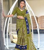 Mehendi ikkat print mulmul cotton saree with blouse.