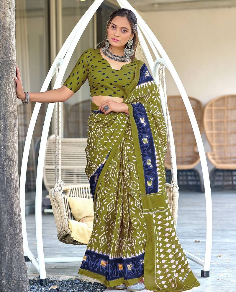 Mehendi ikkat print mulmul cotton saree with blouse.