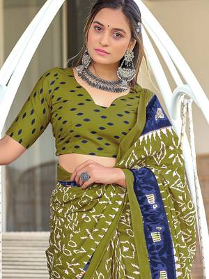 Mehendi ikkat print mulmul cotton saree with blouse. 2