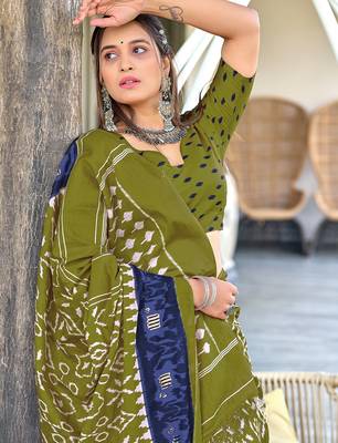 Mehendi ikkat print mulmul cotton saree with blouse. 3