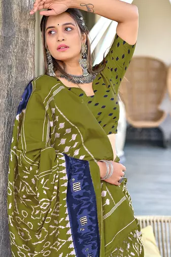Mehendi ikkat print mulmul cotton saree with blouse.