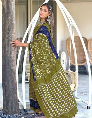 Mehendi ikkat print mulmul cotton saree with blouse. 4