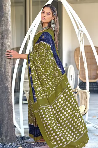 Mehendi ikkat print mulmul cotton saree with blouse.
