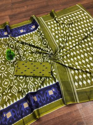 Mehendi ikkat print mulmul cotton saree with blouse. 5
