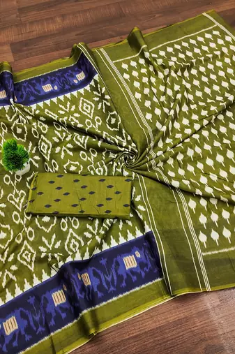 Mehendi ikkat print mulmul cotton saree with blouse.