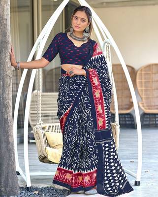 Navy blue ikkat print mulmul cotton saree with blouse. 1
