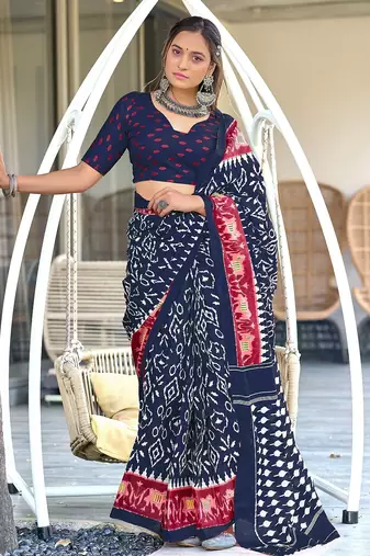 Navy blue ikkat print mulmul cotton saree with blouse.