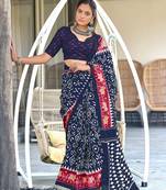 Navy blue ikkat print mulmul cotton saree with blouse.