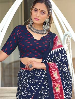 Navy blue ikkat print mulmul cotton saree with blouse. 2