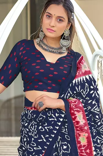 Navy blue ikkat print mulmul cotton saree with blouse.