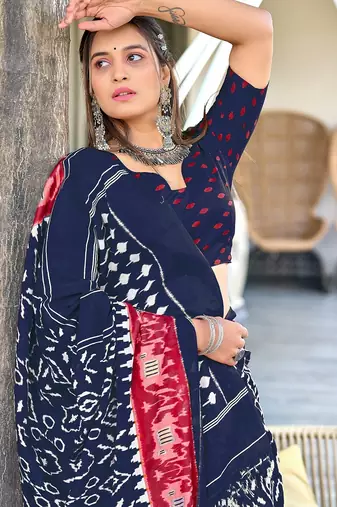Navy blue ikkat print mulmul cotton saree with blouse.