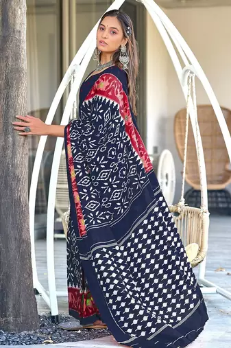 Navy blue ikkat print mulmul cotton saree with blouse.