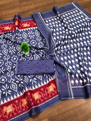 Navy blue ikkat print mulmul cotton saree with blouse. 5