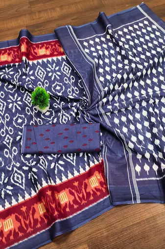 Navy blue ikkat print mulmul cotton saree with blouse.