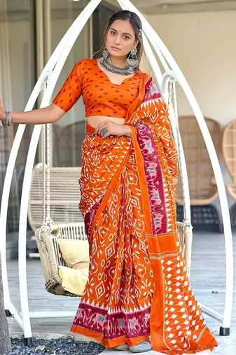 Orange ikkat print mulmul cotton saree with blouse.