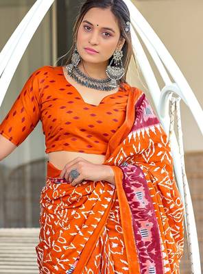 Orange ikkat print mulmul cotton saree with blouse. 2