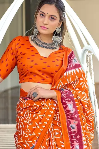 Orange ikkat print mulmul cotton saree with blouse.