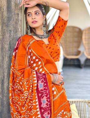 Orange ikkat print mulmul cotton saree with blouse. 3