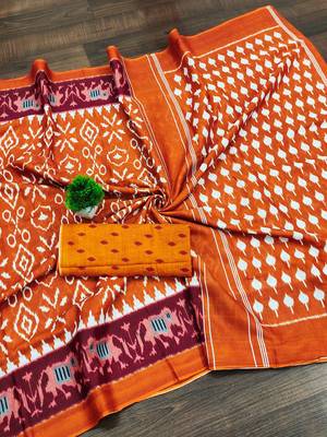 Orange ikkat print mulmul cotton saree with blouse. 5