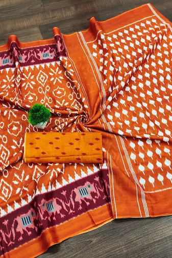 Orange ikkat print mulmul cotton saree with blouse.