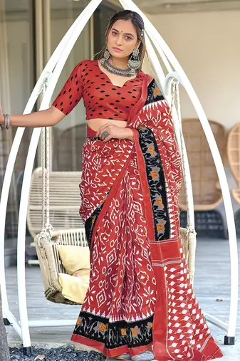 Peach ikkat print mulmul cotton saree with blouse.