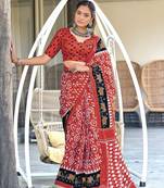 Peach ikkat print mulmul cotton saree with blouse.